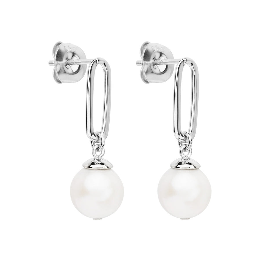 Najo Silver Rectangle Link White Pearl Bead Earrings