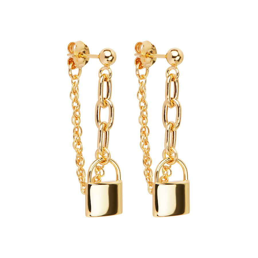 Najo Yellow Gold Plated Silver Padlock on Chain Earrings