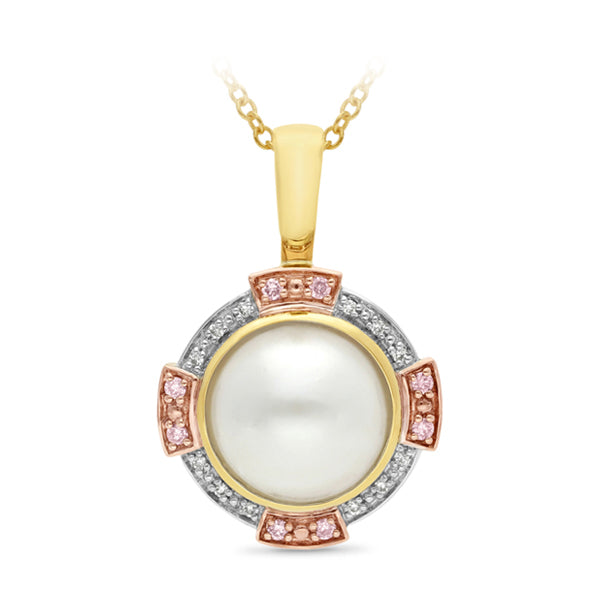 9YR Multi Coloured Gold Pink Diamond & Pearl Pendant